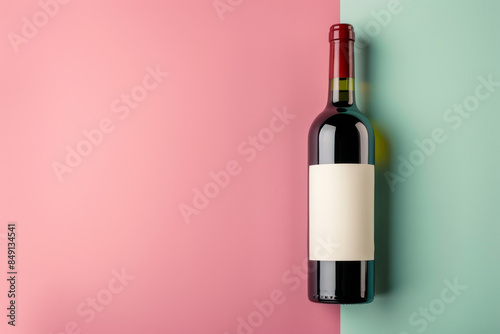 close up horizontal image of a bottle of wine with blank label, copy space