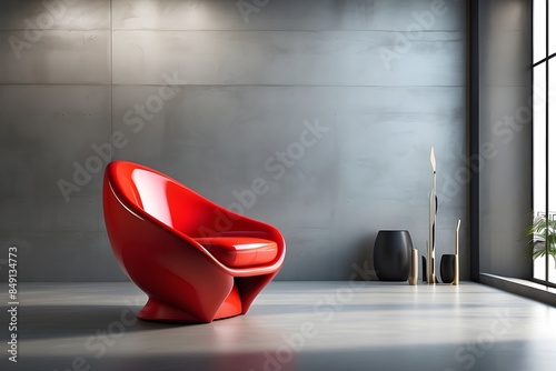 red chair in the room,A sleek and modern red chair sits against a textured concrete wall, its sharp lines and bold color contrasting against the rough surface.