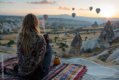 A girl traveler drinks tea and admires the view of the city of Goreme with caves and balloons in Cappadocia.