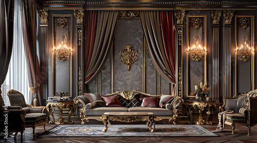 Luxurious wall interior with a lavish sofa in a grand mansion