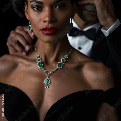 Elegant couple dressed in formal attire, showcasing luxurious jewelry