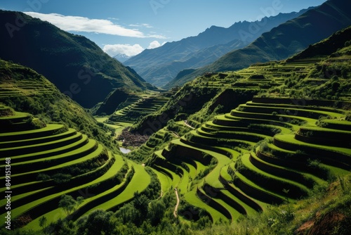 Agricultural terraces and ruins in Pisac, Cusco., generative IA