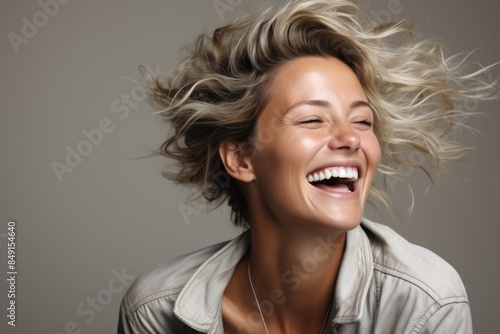Beautiful and carefree woman, laughing silly with closed eyes and true smile, soft, generative IA