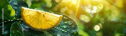 A lemon wedge suspended against a green backdrop, with sunlight creating a fresh and vibrant look 8K , high-resolution, ultra HD,up32K HD