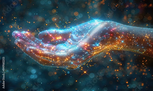 Digital image of a human hand in abstract form, consisting of luminous dots on a blue background.