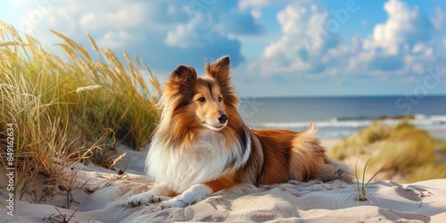 A young Shetland sheepdog with fluffy brown and white fur lies on a sandy beach