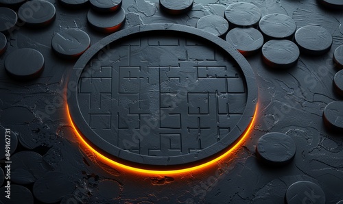Black Surface with Embossed Shape and Orange Illuminated Trim. Tech Background with Neon Circle.