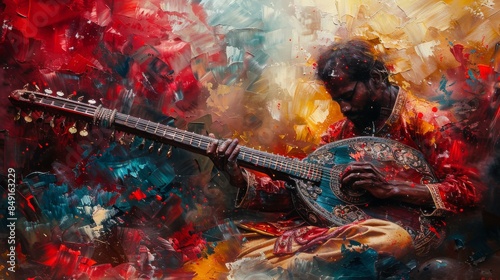 Bright red and blue colors adorn this painting of a man playing a Sitar