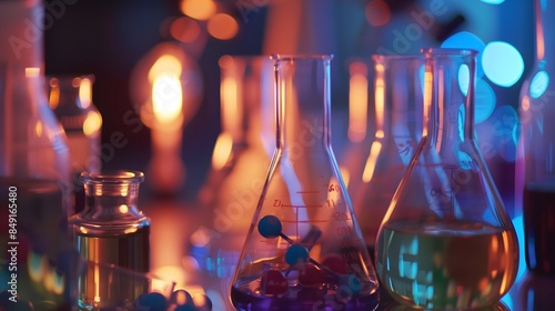 Laboratory - A colorful laboratory setup with various glass flasks and bottles, creating a scientific environment