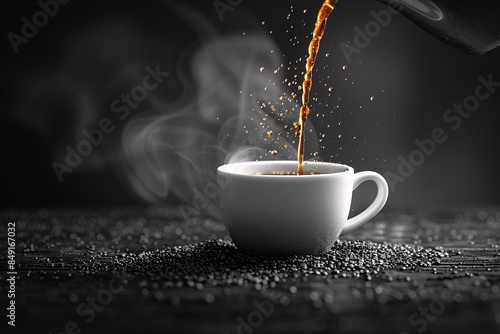 Pouring black coffee in ceramic cup