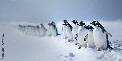 A perspective shot of a line of penguins in the Antarctic, their forms receding into the snowy horizon
