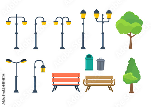 Set of park elements with street lamps and benches. Trees, trash bins, and various park furniture.