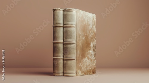 an old book with a leather cover. The book is closed and the spine is facing the camera. The book is isolated on a beige background.