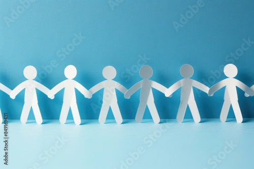 A group of paper people holding hands on a blue background.