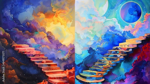 Abstract painting of two staircases going upwards in opposite directions.