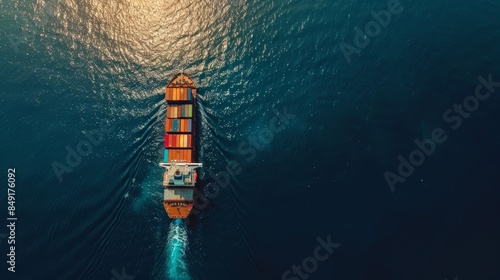 View from the air of a loaded container ship approaching the port shows how complex international shipping and cargo management are, shot with high resolution DSLR cameras