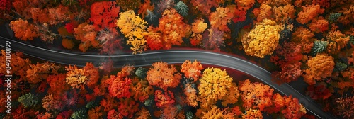 Aerial view of road in beautiful autumn forest at sunset. Beautiful landscape with empty rural road, trees with red and orange leaves. Highway through the park. Top view from drone. Nature panoramic