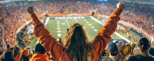 Female fan cheering at a college football game