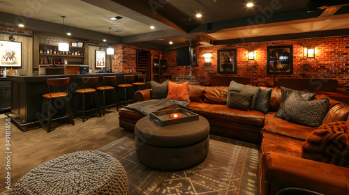 Cozy basement lounge with a bar and comfortable seating