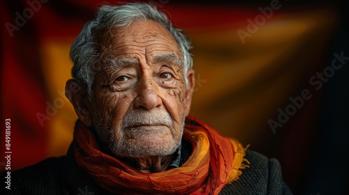 A powerful close-up of an elderly gentleman in front of a blurred Spanish flag