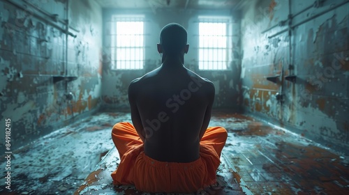 A back view of a man meditating in a run-down room with peeling paint and a serene atmosphere