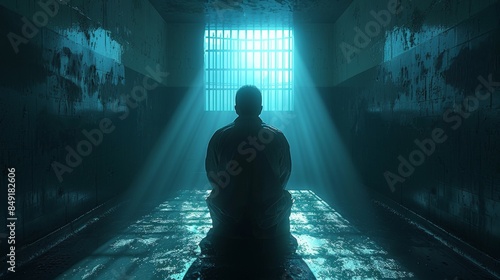 Man in silhouette sitting facing window bars as rays of light pour into a dark, eerie room