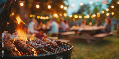 Close-up of meat grilling on a barbecue with people enjoying a party in the background, surrounded by warm string lights.