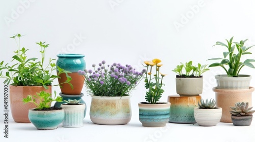 Assorted flowerpots separated on a white backdrop