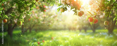 Summer background with a vibrant green orchard, fruit trees in full bloom, and bright sunlight: Fresh and lively, perfect for a summer harvest theme