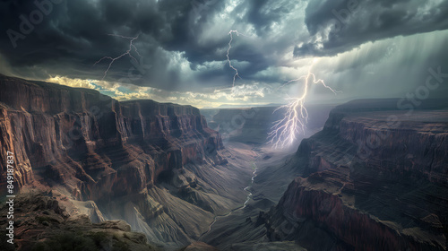 Dramatic landscape of Grand Canyon with lightning striking during a thunderstorm, showcasing the rugged cliffs and dark stormy clouds overhead, creating a sense of awe and power in nature.