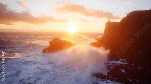 Spectacular Sunrise over Coastal Cliff with Crashing Waves and Distant Lighthouse