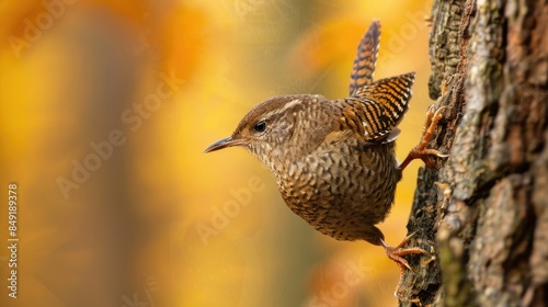 A close up view of the Eurasian wren Troglodytes troglodytes standing on a tree trunk