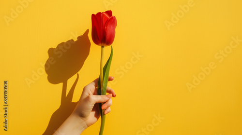 Uma mão segurando uma tulipa vermelha em fundo amarelo
