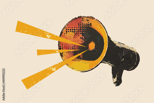 Trendy retro collage with megaphone and yellow beams of sound. Vector loudspeaker with halftone elements. Vintage pop art composition banner 