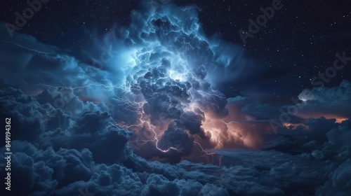 A dramatic aerial view of a towering thunderstorm cloud illuminated by internal lightning