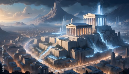 Parthenon in a futuristic ancient Athens in Greece..