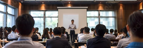 entrepreneurship workshop attendees listen attentively to a speaker in front of a large window, with a white board and ceiling in the background one attendee with long black hair stands among them