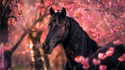 A portrait that captures the elegance of a black horse against a backdrop of cherry blossoms