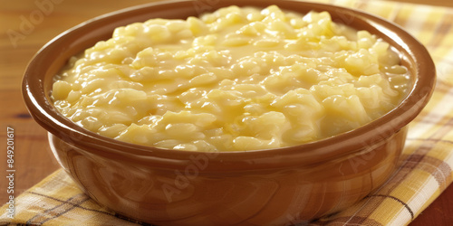Risotto Milanese served in classic ceramic dish, creamy texture, Traditional Italian cuisine