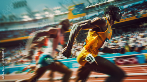 Sprinting Towards Victory. A dynamic photographic image capturing the intensity and speed of athletes competing in an Olympic track and field race.