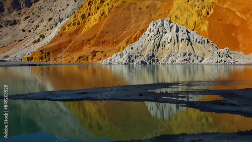 Panorama of a hill with sulfur deposited on the rock face and reflection in the colored lake Solfatara locality Pomezia Rome Italy