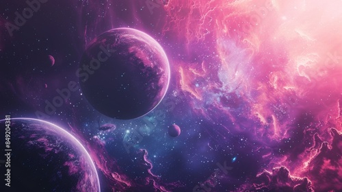 Two planets in the middle of a purple and pink nebula.