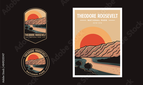 Set of Theodore Roosevelt National Park graphic illustration badge poster vector