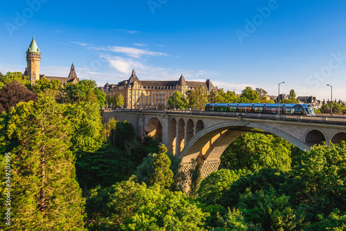 Scenery of Adolphe Bridge and the clock tower in Luxembourg city, Luxembourg