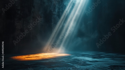 Mysterious light rays piercing through dark cave, illuminating the ground with an ethereal glow. A natural spotlight in a mystic atmosphere.