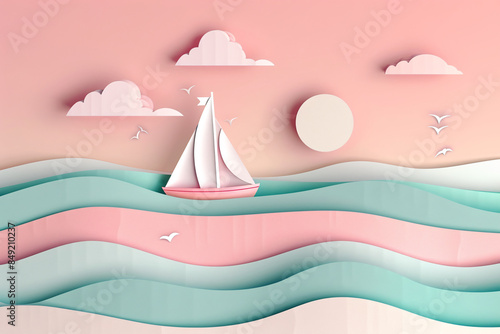 a paper cut out of a boat on a pink and blue ocean
