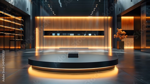 A sleek, black matte podium with subtle lighting, positioned in a high-end electronics store