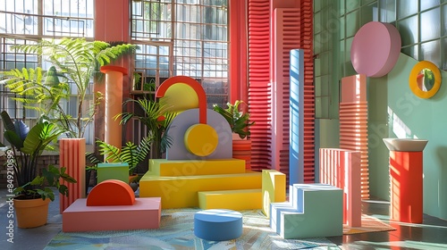 A vibrant podium with colorful geometric shapes, positioned in a playful, creative studio