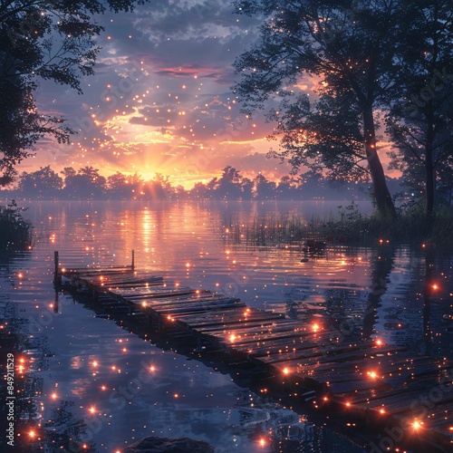 Lakeside tranquility with sunset, dock, and fireflies.