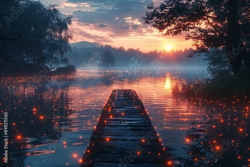 Tranquil lakeside scene with dock and softly glowing fireflies.